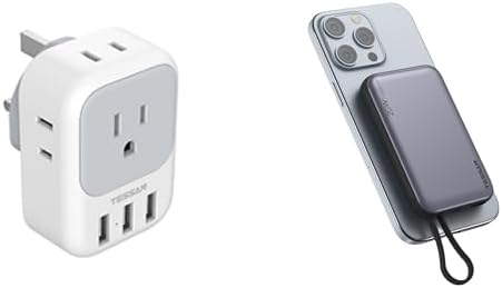 US to UK Plug Adapter, TESSAN Type G Ireland Travel Adapter with 4 Electrical Outlet 3 USB Charger, Magnetic Portable Charger 10000mAh, Battery Pack for iPhone 15/14/13/12/Mini/Pro/Pro Max