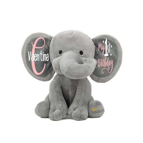Personalized Elephant Stuffed Animal - My First Birthday Custom Birth Stats Announcement Stuff Elephants Animals for Babies, Boy, Girl, Newborn, Customized Keepsake Plush Bear Gifts, Gray 9 Inches