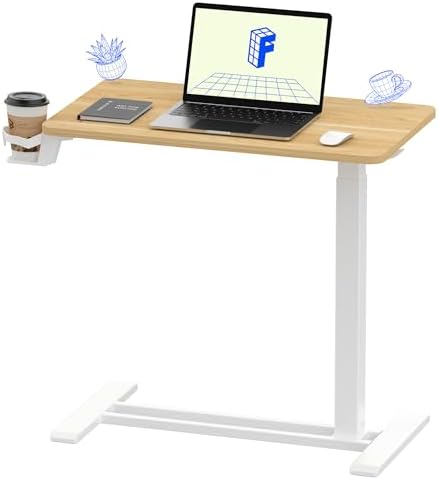 FLEXISPOT Adjustable Overbed Bedside Table with Wheels Pneumatic Mobile Standing Desk Laptop Desk Rolling Computer Cart Movable Overbed Table Hospital Home Use(27.6" W x 15.7" D, Maple Table)