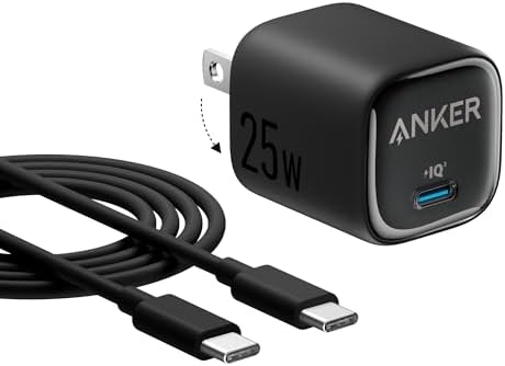 Anker 25W USB C Charger Block, Compact and Foldable, Supports PPS Fast Charging for Galaxy S24/Z Fold/Z Flip/Tab, iPhone, iPad (Black, 1pack with Cable)
