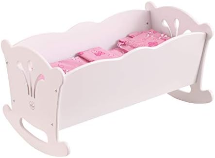 KidKraft Wooden White Lil' Doll Rocking Cradle with Pink Butterfly Pad, Blanket and Pillow for 18-Inch Baby Dolls Gift for Ages 3+