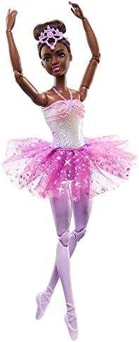 Barbie Dreamtopia Doll, Twinkle Lights Posable Ballerina with 5 Light-Up Shows, Sparkly Purple Tutu, Black Hair & Hair Accessory