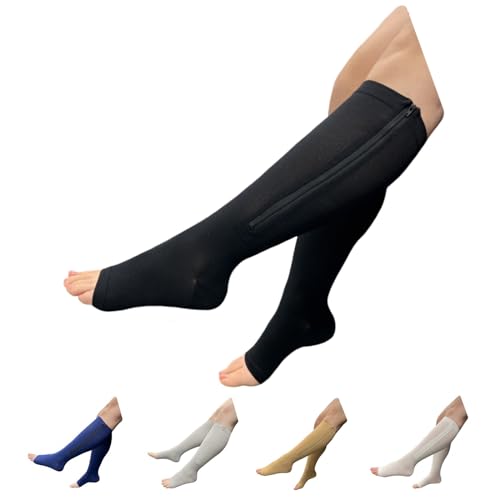 Seniors Care 15-20 mmHg Zipper Compression Leg Calf Open Toe Socks (Black, Small-Medium)