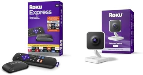 Bundle of Roku Express Dispositivo de Streaming HD para TV (Spanish Edition) - Con VIX Premium + Roku New Indoor Camera 2024 - Home Security - 1-Pack - Wired Security Camera