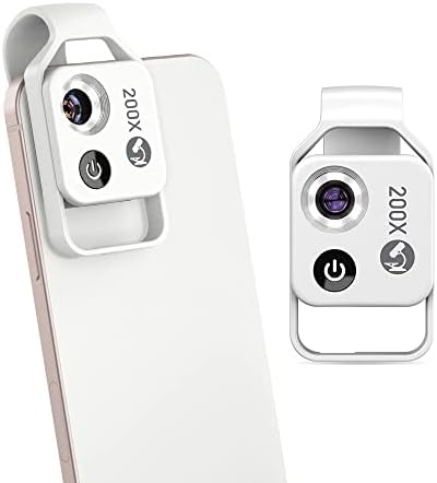 Pocket Phone Microscopes, 200X Zoom Clip On Microscopes Magnifier with CPL Lens & LED Light, Portable Microscopic Lens for for for Huawei for Google, to Enjoy Microworld(White)