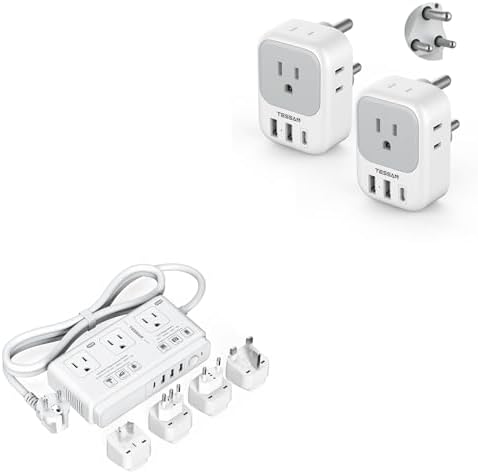 South Africa Plug Adapter 2 Pack, TESSAN Type M Power adapter with 4 AC Outlets 3 USB Ports(1 USB C), 220V to 110V Voltage Converter, for UK EU AUS Italy Spain, for Hair Dryer Curling Iron