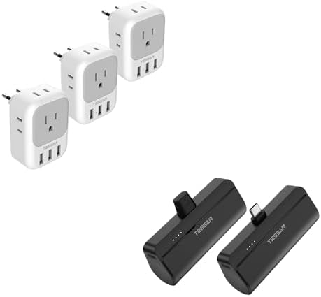 TESSAN 3 Pack European Travel Plug Adapter, US to Europe Power Adapter with 4 AC Outlets and 3 USB, Type C Charger Adaptor, Mini Portable Charger with Built-in USB-C, 5000mAh Small Power Bank