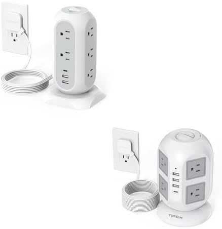Tower Power Strip Flat Plug with USB C Ports, TESSAN Long Flat Extension Cord with Multiple Outlets, Charging Station with Surge Protection, Office Desk Supplies, Dorm Essentials