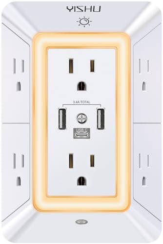 Multi Plug Outlet Surge Protector - YISHU 3-Sided Power Strip with 6 Outlet Extender and 3 USB Ports(1 USB C) and Night Light, Adapter Spaced Outlet Splitter, ETL Listed, White