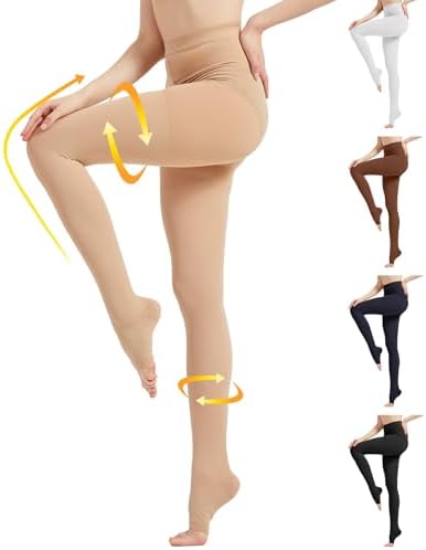MGANG Medical Compression Pantyhose for Women & Men, 15-20mmHg Graduated Compression Support Tights, Open Toe, Opaque Waist High Compression Stockings for Edema, Varicose Veins, Flight, DVT, Beige XXL