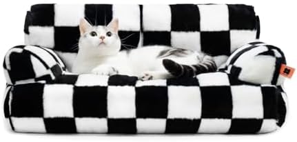 MEWOOFUN Pet Couch Bed, Washable Cat Beds for Medium Small Dogs & Cats up to 25 lbs, Durable Dog Beds with Non-Slip Bottom, Fluffy Cat Couch, 26×19×13 Inch (Black&White)