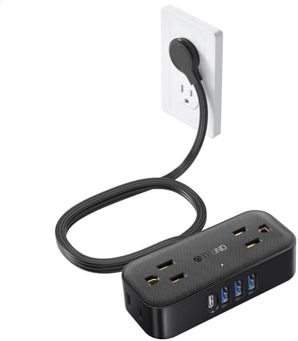 TROND Travel Power Strip with USB Ports, 5ft Flat Plug Extension Cord with Multiple Outlets, Small Wall Mount Extender Adapter for Office Dorm Room Essentials, Black
