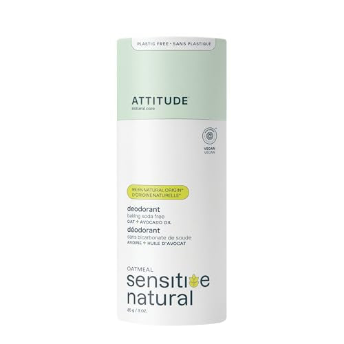 ATTITUDE Baking Soda Free Deodorant for Sensitive Skin with Oatmeal and Avocado Oil, EWG Verified, Aluminum Free, Plastic-Free, 3 Ounces