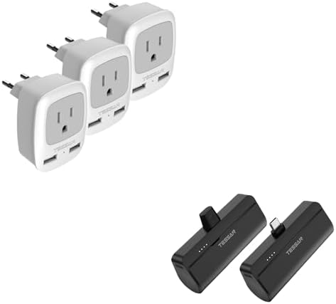 European Travel Plug Adapter 3 Pack, TESSAN International Power Adaptor 2 USB, Type C Outlet Adapter Charger, Mini Portable Charger, 5000mAh Small Power Bank, for iPhone 15/15 Plus/15 Pro/15 Pro Max