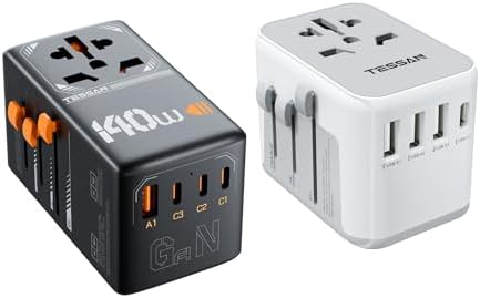 TESSAN International Plug Adapter with 4 USB Ports (1 USB C), 140W GaN Universal Travel Adapter with 3 USB C and 1 USB A Ports, Worldwide Power Outlet for US to Europe UK AUS Ireland(Type C/G/A/I)