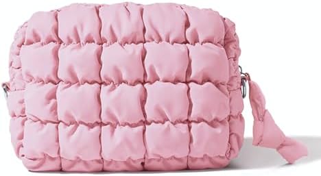 Yarnic Quilted Makeup Bag Cosmetic Bag, Travel Toiletry Bag for Women, Cute Makeup Bag Organizer Baby Pink Puffer Makeup Pouch (M, Pink)