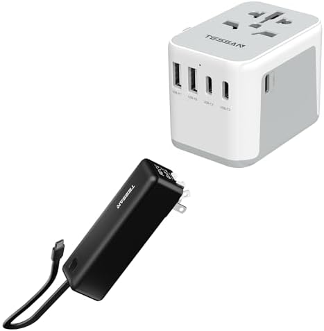 TESSAN Universal Travel Adapter, International Power Adapter 5.6A 3 USB C 2 USB A Ports, Portable Charger Power Bank, 3 in 1 Power Bank 20W Fast Charging