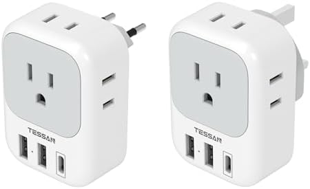 TESSAN US to UK European Travel Plug Adapter with 4 AC and 3 USB Ports(1 USB C), Power Adaptor for US to Most of Europe Italy Germany Ireland Hong Kong England