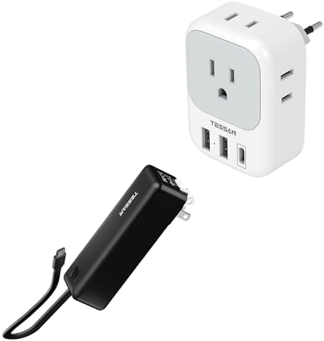 European Travel Plug Adapter USB C, TESSAN International Plug Adapter with 4 AC Outlets and 3 USB Ports, Portable Charger Power Bank, 3 in 1 Power Bank 20W Fast Charging