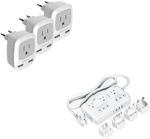 European Travel Plug Adapter 3 Pack, TESSAN International Power Adaptor 2 USB, Type C Outlet Adaptor, 220V to 110V Voltage Converter, 2000W Step Down Transformer, for Europe UK EU AUS Spain Italy