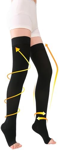 TOFLY® Thigh High Compression Stockings for Women & Men (Pair), Open Toe, Opaque 20-30 mmHg Graduated Compression Hose, Medical Compression Stockings for Varicose Veins, Edema, DVT, Travel,Black L