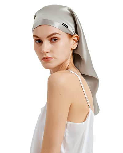 LilySilk Mulberry Silk Sleep Cap 100% 19 Momme Long Silk Bonnet for Curly Hair, Night Cap for Sleeping, Silk Hair Wrap for Women Silvergray