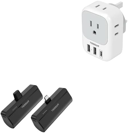 US to UK Plug Adapter, TESSAN Type G Travel Converter with 3 USB Charger(1 USB C Port), 4 Outlets Power Adaptor,Mini Portable Charger, 5000mAh Small Power Bank, for iPhone 15/15 Plus/15 Pro/15 Pro Max