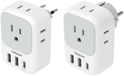 TESSAN Type Germany European Travel Plug Adapter with 3 USB Ports(1 USB C), 4 AC Outlets Travel Converter Plug Adaptor for US to Europe Spain Iceland Korea Greece Russia
