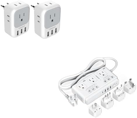 TESSAN European Travel Plug Adapter 2 Pack, US to Europe Power Adapter with 4 AC Outlets and 3 USB, 220V to 110V Voltage Converter, Step Down Transformer, for UK EU AUS, for Hair Dryer Curling Iron