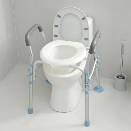 OasisSpace Stand Alone Raised Toilet Seat 300lbs - Medical Raised Commode Toilet with Splash Guard and Safety Frame, Height Adjustable Legs, Bathroom Assist Frame for Elderly, Handicap, Disabled
