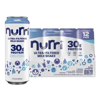 Nurri 12-Pack Ulta Filtered Milk Shake, 30g Protein, 1g Sugar, 150 Calories, 10 Vitamins and Minerals Per Can | 12-11 Fl Oz Cans Per Package, Grade A Lactose Free (12 Pack, Vanilla)