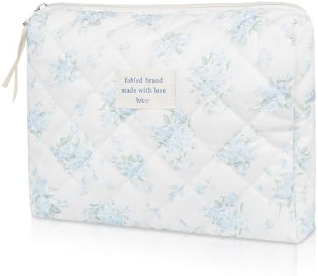 Floral Makeup Bag, Small Cosmetic Bag for Women Girls, Cute Cotton Makeup Bag, Quilted Makeup Bags, Flower Travel Toiletry Organizer Bag(Blue Rose)