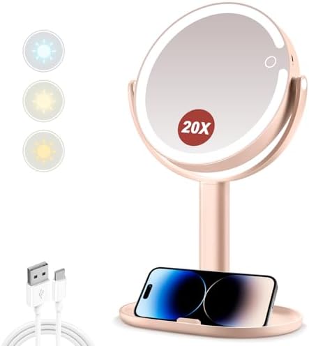 MIYADIVA Makeup Mirror with Lights,20X Magnifying Mirror with Light and Touch Switch,Vanity Mirror with 3 Color Light and 80 LEDs,2-Sided Lighted Magnified Mirror 8.8 Inches, Pink