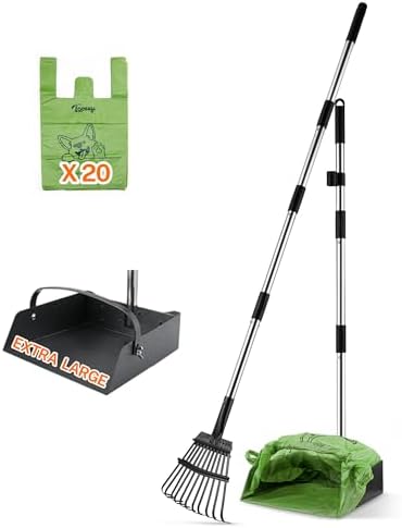 Toozey Upgrade Dog Pooper Scooper with Extra Large Stainless Metal Poop Tray & 54.33" Long Handle Rake Scoop, Easy Waste Cleanup for Large, Medium, Small Dogs with 20 Bags