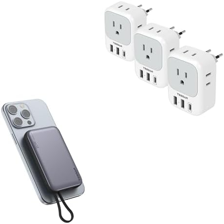 TESSAN 3 Pack European Travel Plug Adapter USB C, US to Europe Power Adapter with 4 AC Outlets and 3 USB (1 USB C), Magnetic Portable Charger 10000mAh, 20W Fast Charging Battery Pack with USB-C