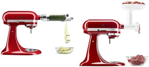 KitchenAid Fruit and Vegetable Spiralizer Attachment Stand Mixer, Polished Aluminum & Stand Mixer Attachment, KSMFGA Food Grinder, White