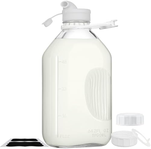 2 Qt Glass Milk Bottle with Reusable Strong Airtight SCREW LID, 64 Oz Glass Juice Bottles for Almond Milk, Oat Milk Nut Milk- 0.5 Gal Glass Water Bottle with 2 Exact Scale Lines, Extra Handle AND Cap！
