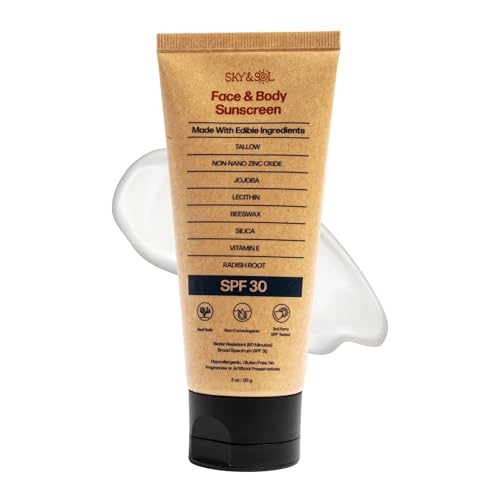 Natural Mineral Sunscreen SPF 30 3 oz: Natural Tallow & Zinc Oxide, Reef Safe, Water Resistant, Fragrance-Free, Non-Greasy Formula for Face and Body