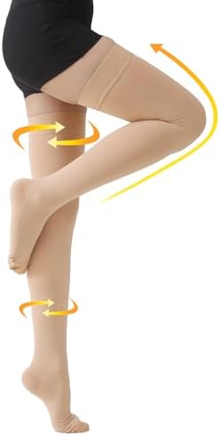 MGANG Medical 15-20 mmHg Compression Stockings for Women & Men, Pair, Thigh High Graduated Compression Socks, Closed Toe, Opaque, Support for Varicose Veins, Edema, DVT, Swelling, Flight, Beige S