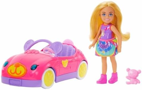 Barbie Chelsea Toy Car Set with Bear-Themed Convertible & Teddy Bear Accessory, Blonde Small Doll Wears Removable Skirt & Shoes