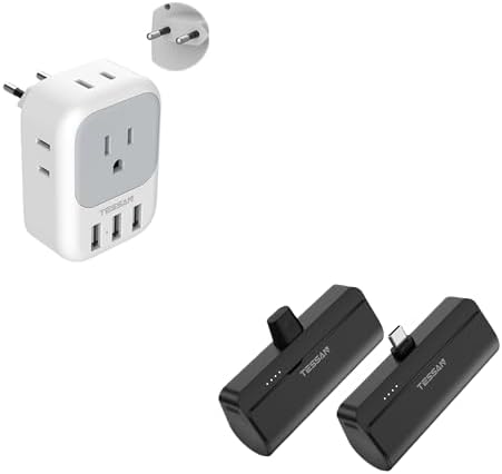 TESSAN European Travel Plug Adapter, International Power Plug with 4 AC Outlets 3 USB Ports, US to Most of Europe Euro EU, Mini Portable Charger with Built-in USB-C Connector, 5000mAh Small Power Bank