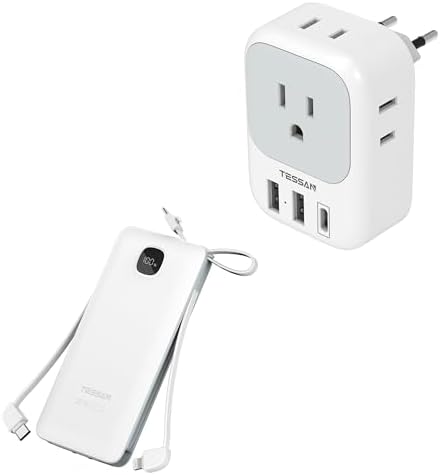 USB Charger Block, TESSAN USB Plug Adapter with Electrical 4 Box Splitter 3 USB Wall Charger Ports with Portable Phone Charger with Built in Cables, 10000mAh Power Bank Fast Charging