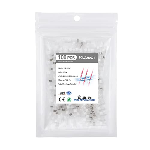 Kuject 100PCS Solder Seal Wire Connectors AWG 26-24, White Solder Seal Heat Shrink Butt Connectors Terminals Solder Sleeve Waterproof Wire Splice Connector for Marine Boat Wire Joint