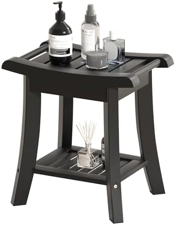 Bamboo Shower Bench Stool with Storage Shelf Small Shower Chair Seat for Inside Shower 16 x 10 x 17 Inches Black