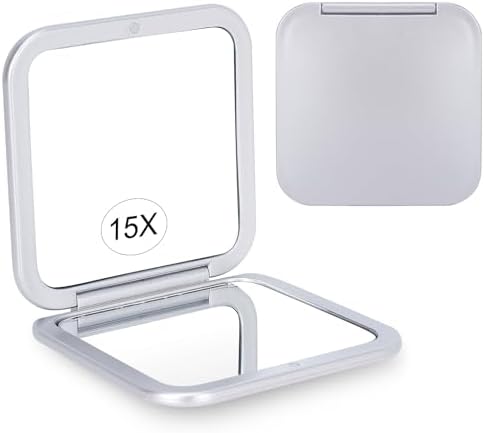 Compact 15X Magnifying Makeup Mirror for Travel, Small Pocket Mirror - Handy Foldable & Portable 2-Sided with 15X Magnifying and 1X Mirror for Purses - Square 3.3 x 3.3 inch (Silver)