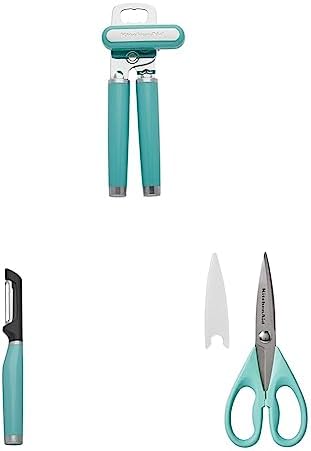 KitchenAid Classic Multifunction Can Opener/Bottle Opener, 8.34-Inch, Aqua Sky & KitchenAid KE112OHAQA Classic Euro Peeler & KitchenAid All Purpose Shears with Protective Sheath, 8.72-Inch