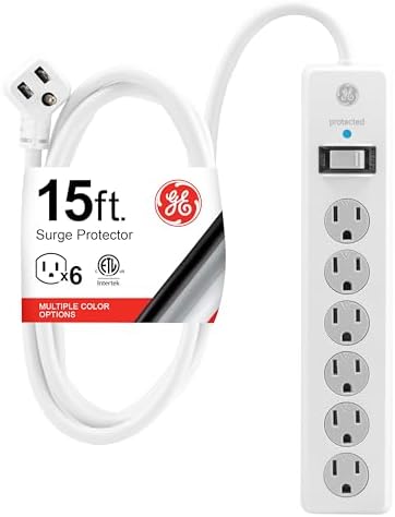 GE 6-Outlet Surge Protector, 15 Ft Extension Cord, Power Strip, 800 Joules, Flat Plug, Twist-to-Close Safety Covers, Protected Indicator Light, UL Listed, White, 50768