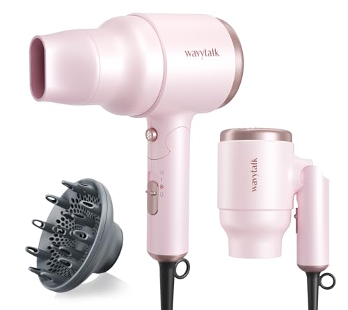 Wavytalk Blow Dryer with Diffuser, Mini Hair Dryer with Folding Handle, 1600W Quiet Lightweight Hairdryer with Diffuser Compact Design, Pinky White