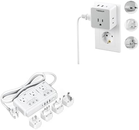 TESSAN All European UK Travel Plug Adapter Kit, with 3 Outlet 3 USB Charger (1 USB C), 220V to 110V Voltage Converter, Step Down Transformer, for UK EU AUS Italy Spain, for Hair Dryer Curling Iron