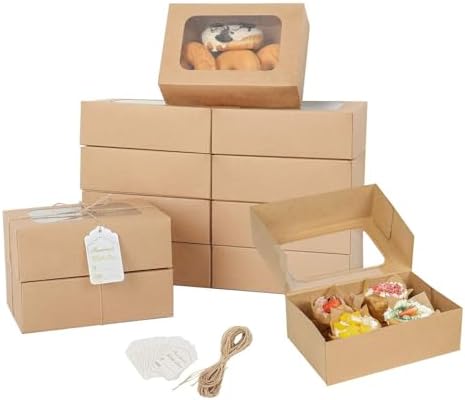 24 Pcs Cookie Boxes with Window for Paper Gift Giving Brown Bakery Cupcake Boxes 9" x 6.3" x 3" for Packaging Easy Estate Holiday Pastry Dessert Boxes for Pastries,Cookies, Donuts.